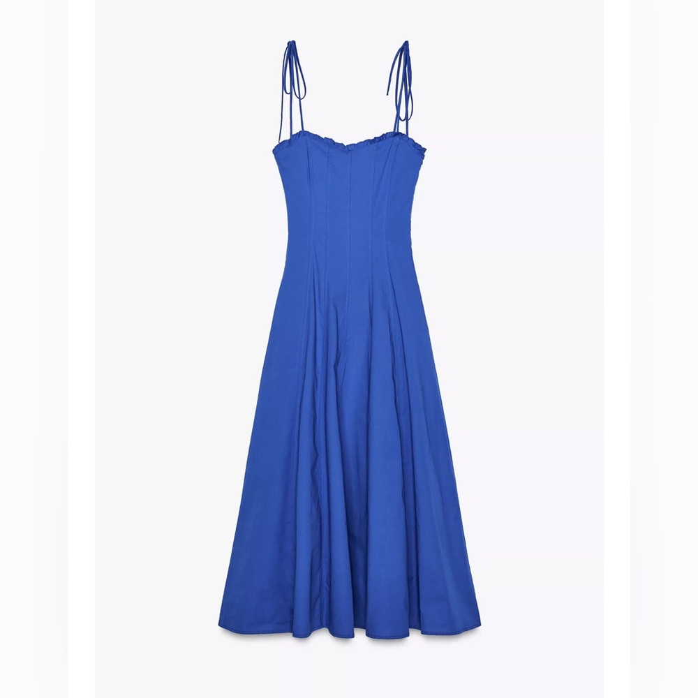 ZARA COTTON POPLIN TIE MIDI DRESS | CORNFLOWER BLUE | L NWT - Picture 10 of 16